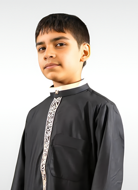 Kids Black and Gold Embroidered Thobe | Islamic Formal Dress for Boys | TTW/D1
