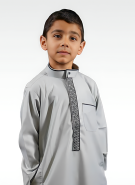 Kids Gray and Black Embroidered Thobe | Stylish Boys' Islamic Wear | TTW/D3