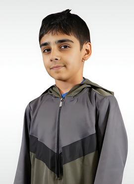 Kids Winter Thobe with Gray and Green Hoodie | Stylish Islamic Boys' Clothing USA | TTW/D11