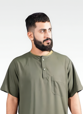 Men's Dark Green Short-Sleeve Thobe | Modest Islamic Clothing | Sunnah-Inspired Wear