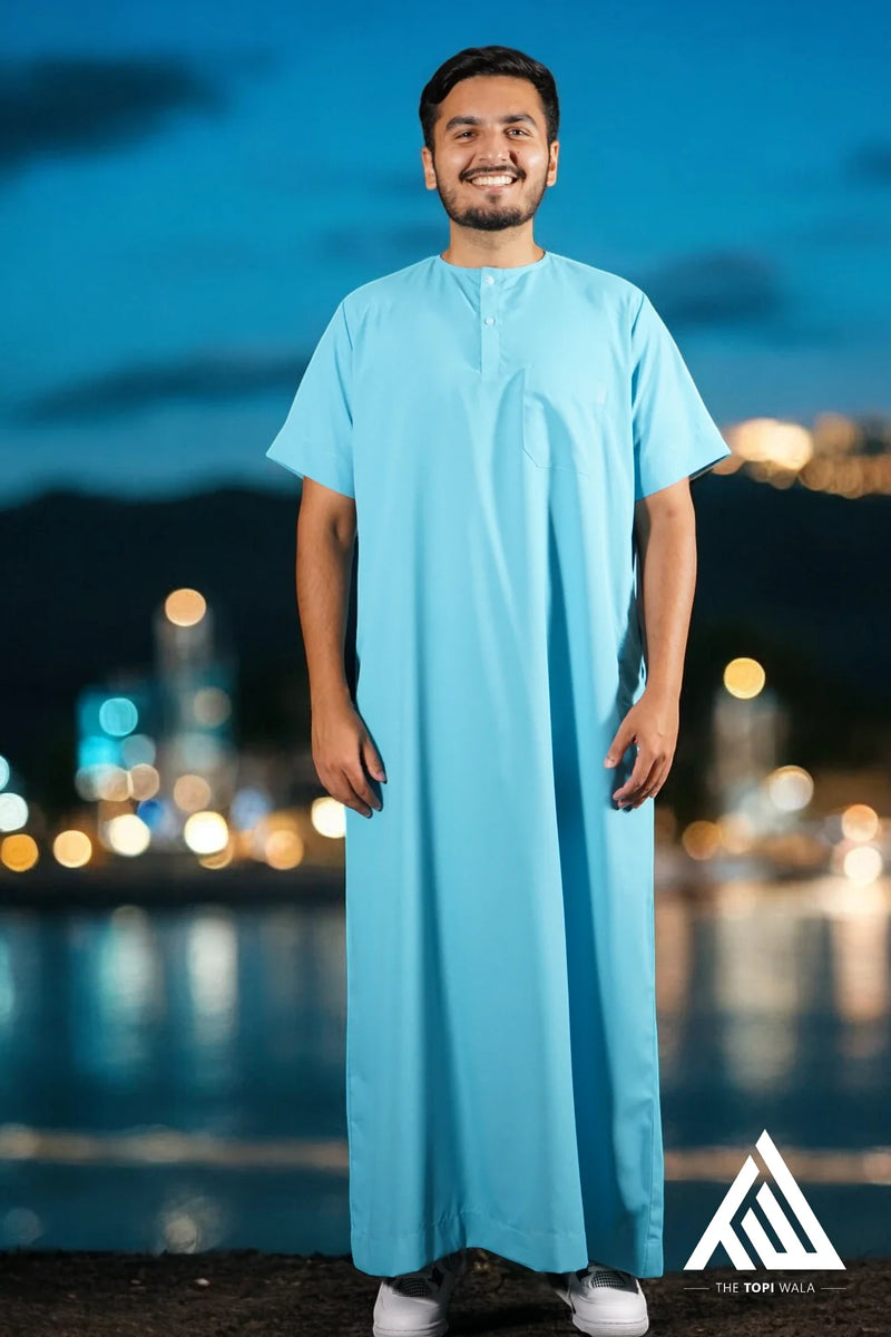 TheTopiWala Adult Thobe - Short Sleeves Aqua Blue TTW/D24 – A breathable and stylish jubbah, blending tradition with modernity, perfect for Jummah, Eid, and everyday prayers.