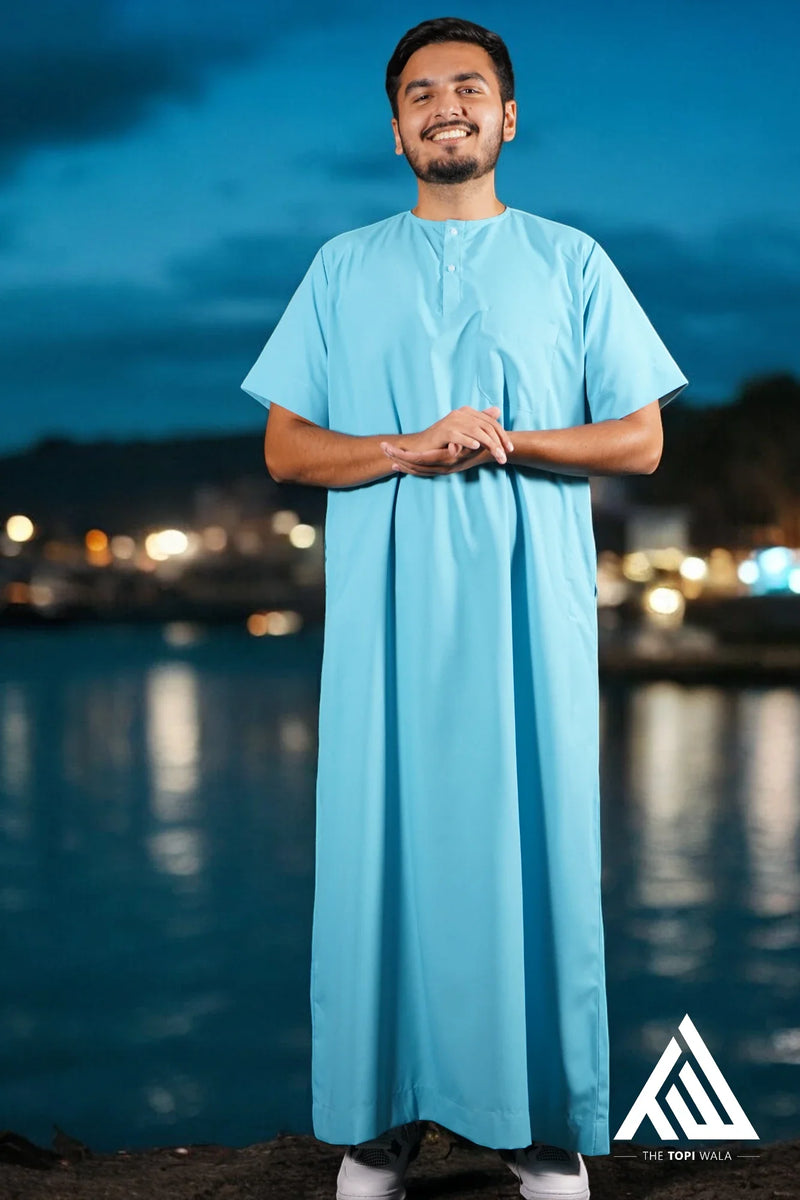 Aqua Blue Short Sleeves Thobe - TTW/D24 by TheTopiWala – Crafted from premium quality fabric, ideal for Friday prayers, family gatherings, and formal Islamic events.