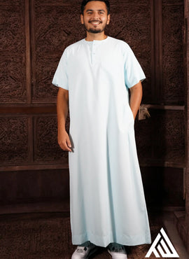 Baby/Electric Blue Short Sleeves Thobe - TTW/D28 by TheTopiWala – A bold and modern jubbah for Muslim men, perfect for Eid celebrations in Boston or Jummah prayers in Detroit.