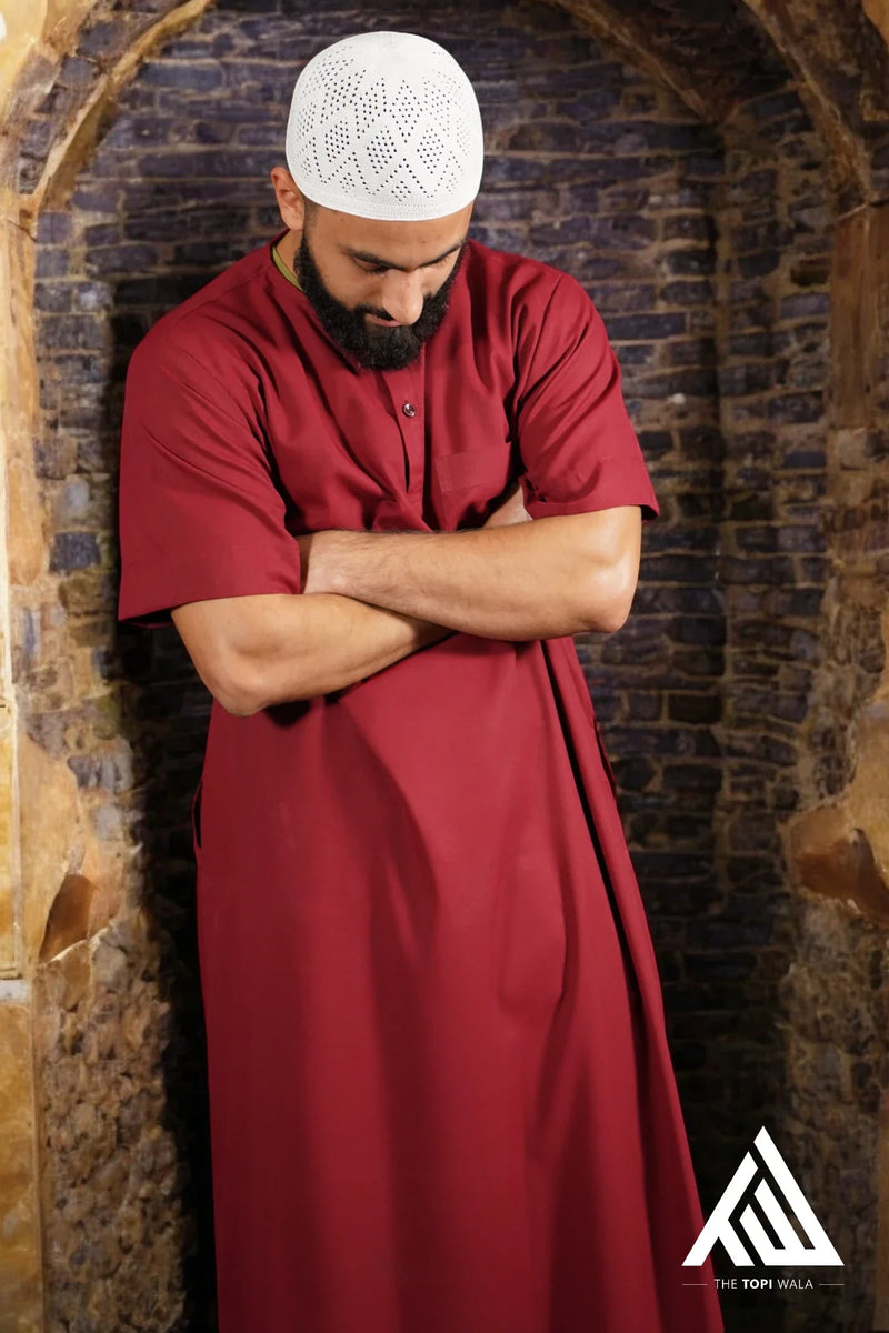 Short Sleeves Red Thobe - TTW/D25 by TheTopiWala – Tailored from high-quality, breathable fabric, ideal for Islamic events, Friday prayers, and special religious occasions.