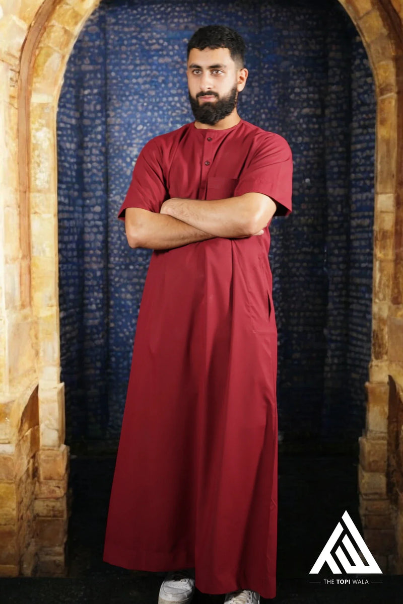 Red Short Sleeves Thobe - TTW/D25 by TheTopiWala – A modest, elegant Islamic wear, crafted with attention to detail for Jummah prayers, ISNA events, and casual wear.