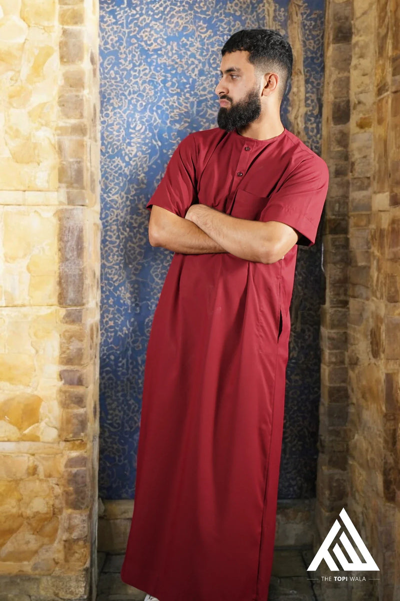 Red Short Sleeves Thobe - TTW/D25 by TheTopiWala – A modern take on traditional Islamic wear, perfect for daily prayers, religious celebrations, and casual Muslim gatherings. Stylish yet modest.